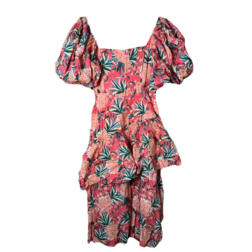 FARM RIO Red Pineapple Dress Tropical Boho Print Tiered Puff Sleeve Midi Small
